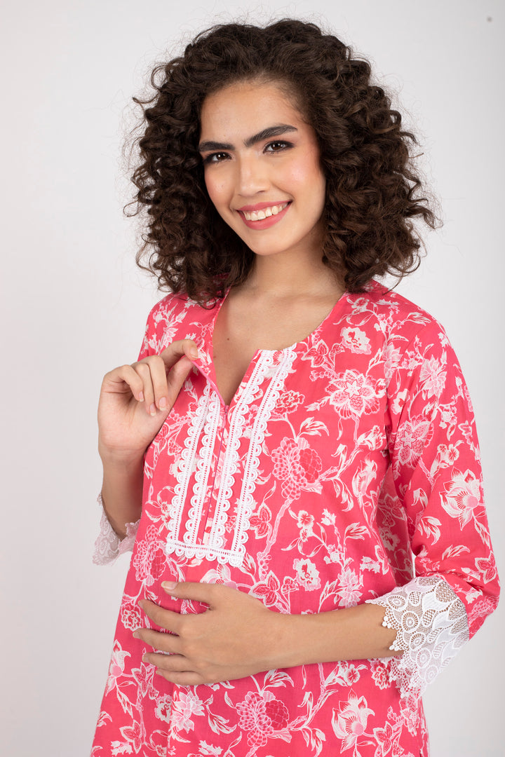 Rosy Pink Maternity & Nursing Kurta + Bump Band Bottom (2 Pc) (100% Cotton) momzjoy.com