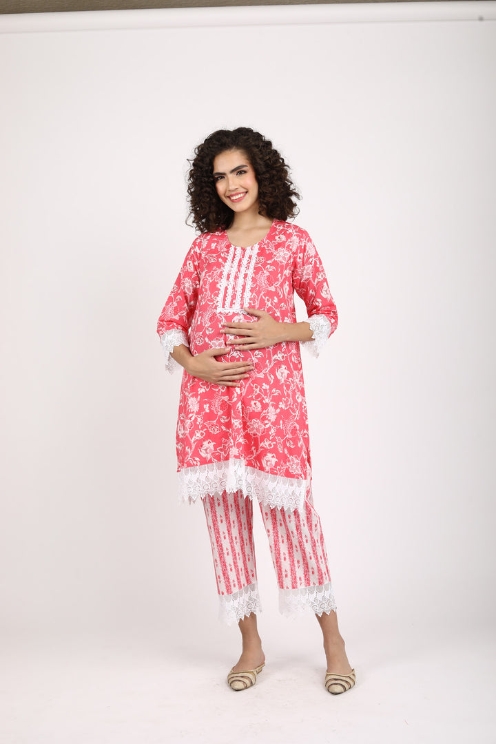 Rosy Pink Maternity & Nursing Kurta + Bump Band Bottom (2 Pc) (100% Cotton) momzjoy.com