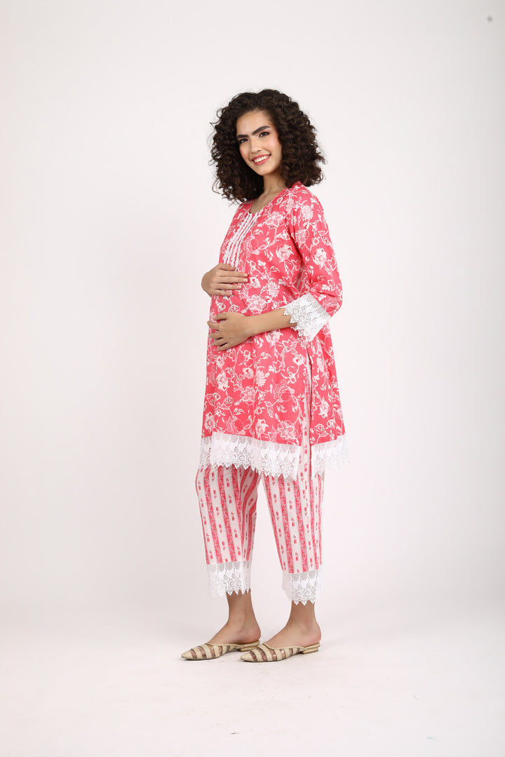 Rosy Pink Maternity & Nursing Kurta + Bump Band Bottom (2 Pc) (100% Cotton) momzjoy.com