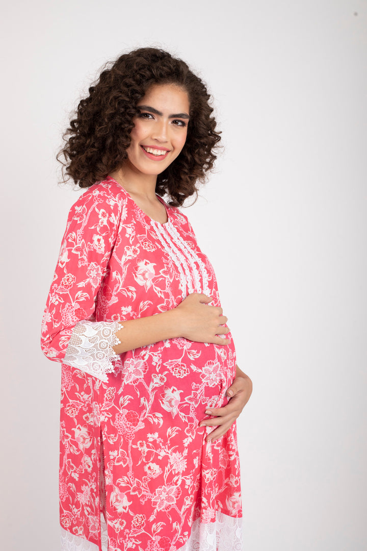 Rosy Pink Maternity & Nursing Kurta + Bump Band Bottom (2 Pc) (100% Cotton) momzjoy.com