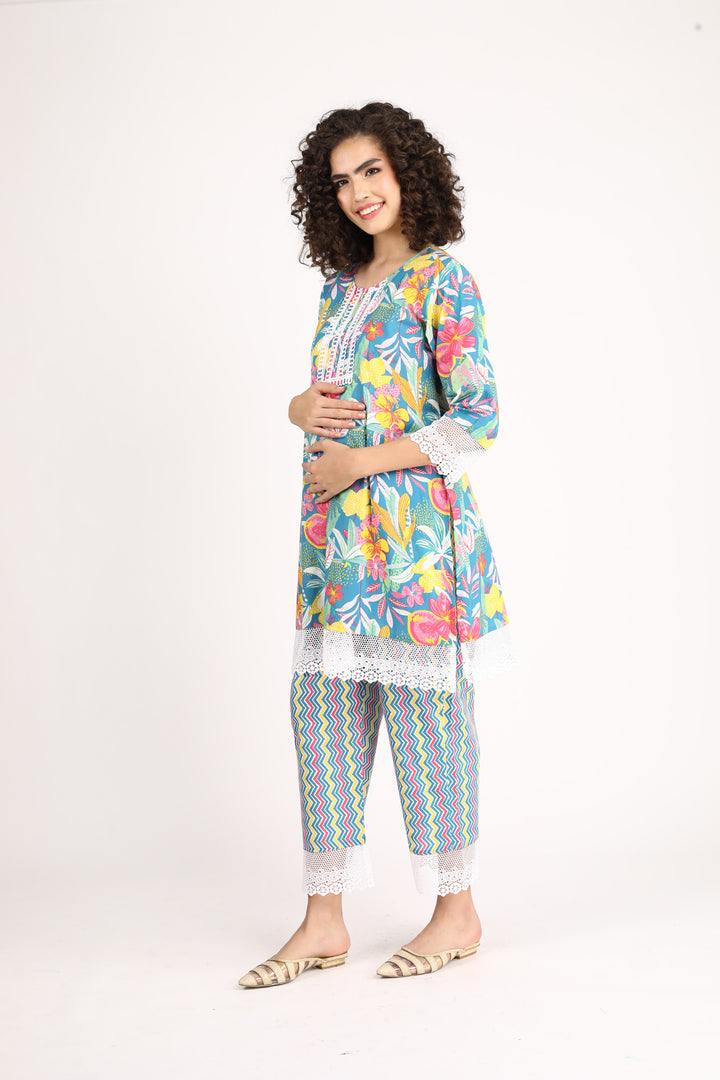 Jade Blue Maternity & Nursing Kurta + Bump Band Bottom + Dupatta (3 Pc) momzjoy.com