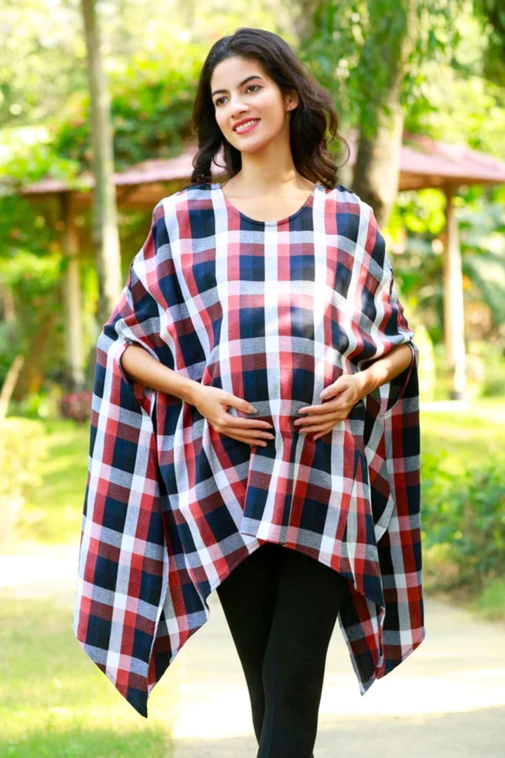 Blue Berry Red Plaid Maternity Poncho MOMZJOY.COM