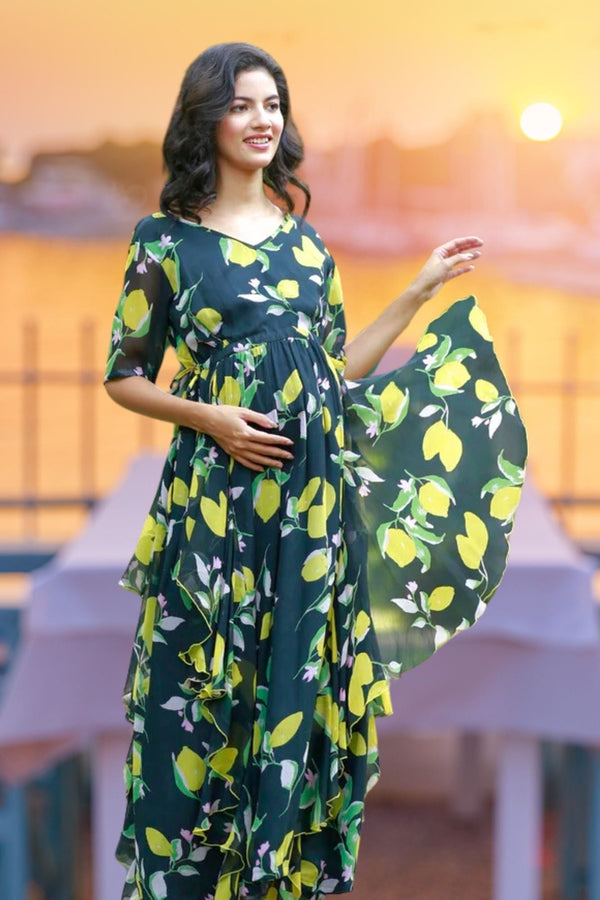 Midnight Blossom Maternity & Nursing Flow Dress momzjoy.com