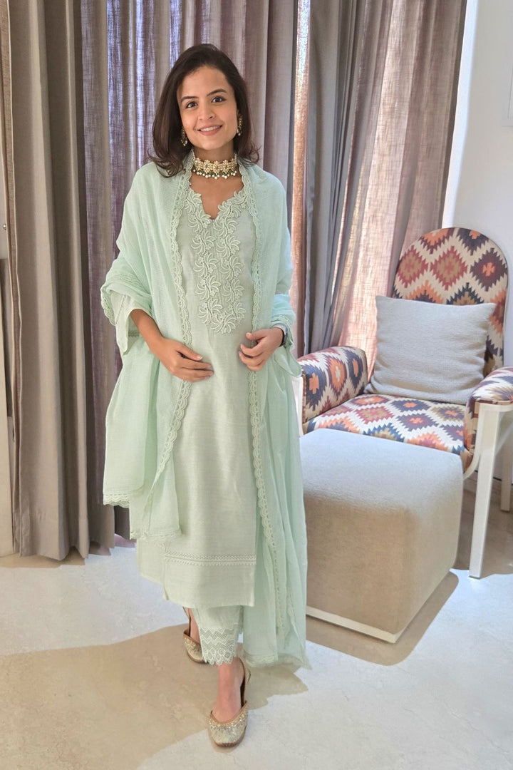 Light Green Maternity & Nursing Kurta + Bottom + Dupatta (3 Pc) momzjoy.com