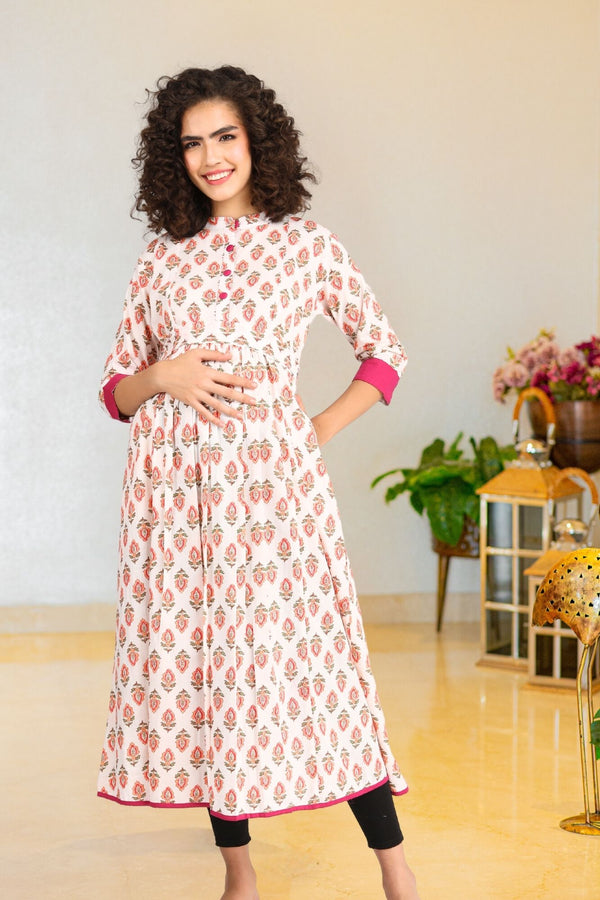 Orange White Maternity & Nursing Kurta (100% Cotton) MOMZJOY.COM