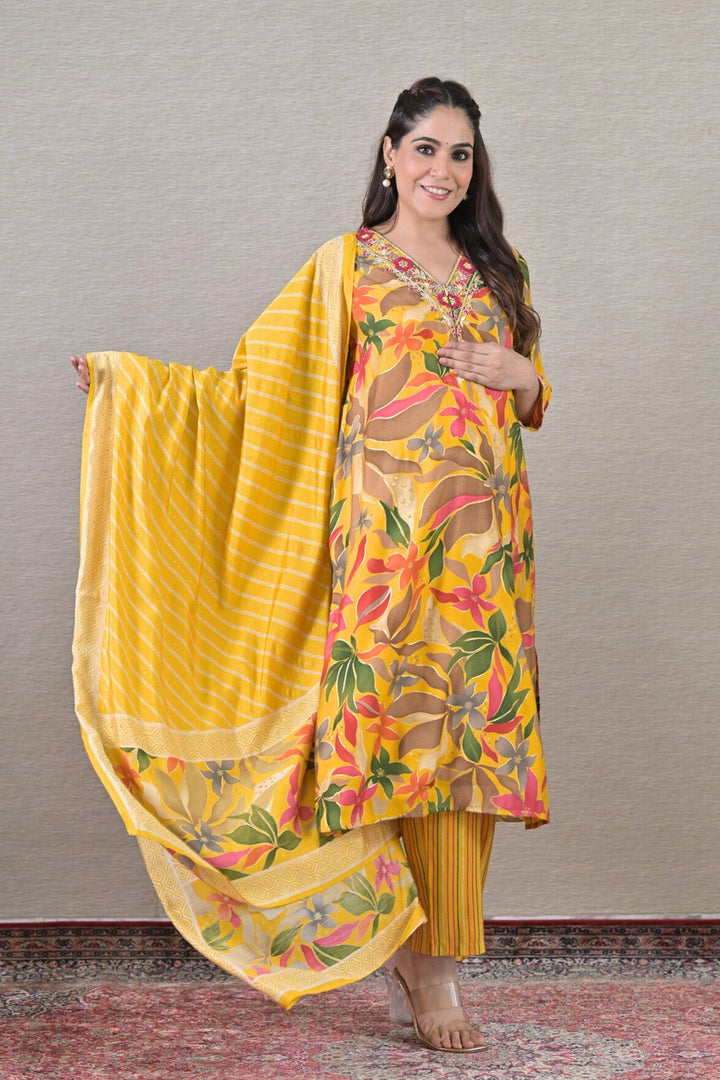 Elegant Yellow Maternity & Nursing Kurta + Bump Band Bottom + Dupatta (3 Pc) (100% Cotton) momzjoy.com