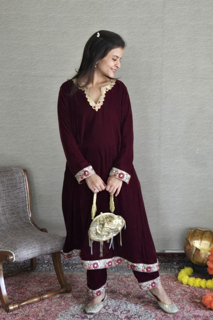 Classic Deep Berry Velvet Maternity Kurta Set (2 Pc) momzjoy.com