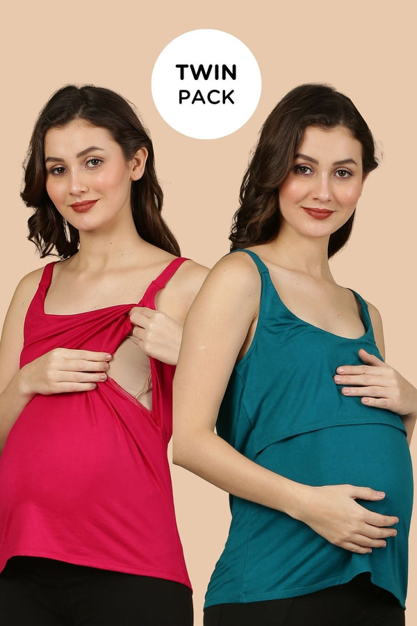 Maternity & Nursing Camisoles - Teal Green & Pink Twin Pack MOMZJOY.COM