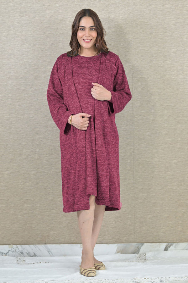 Maroon Maternity Winter Dress With Cover Up (2pc) MOMZJOY.COM