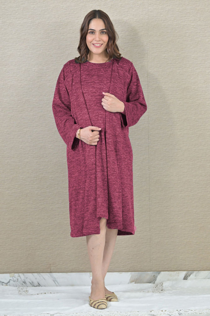 Maroon Maternity Winter Dress With Cover Up (2pc) MOMZJOY.COM