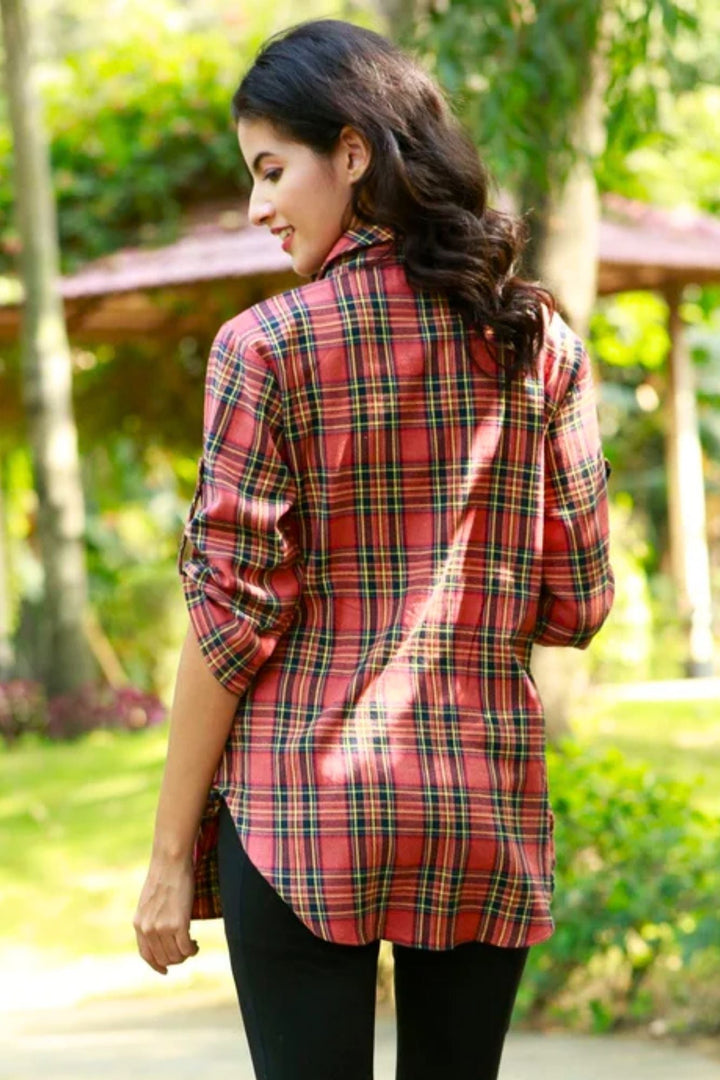 Chic Blush Red Tartan Check Maternity & Nursing Top momzjoy.com