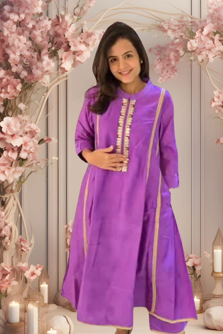 Luxe Purple Chanderi Maternity & Nursing Kurta + Bump Band Bottom + Dupatta (3 Pc) momzjoy.com