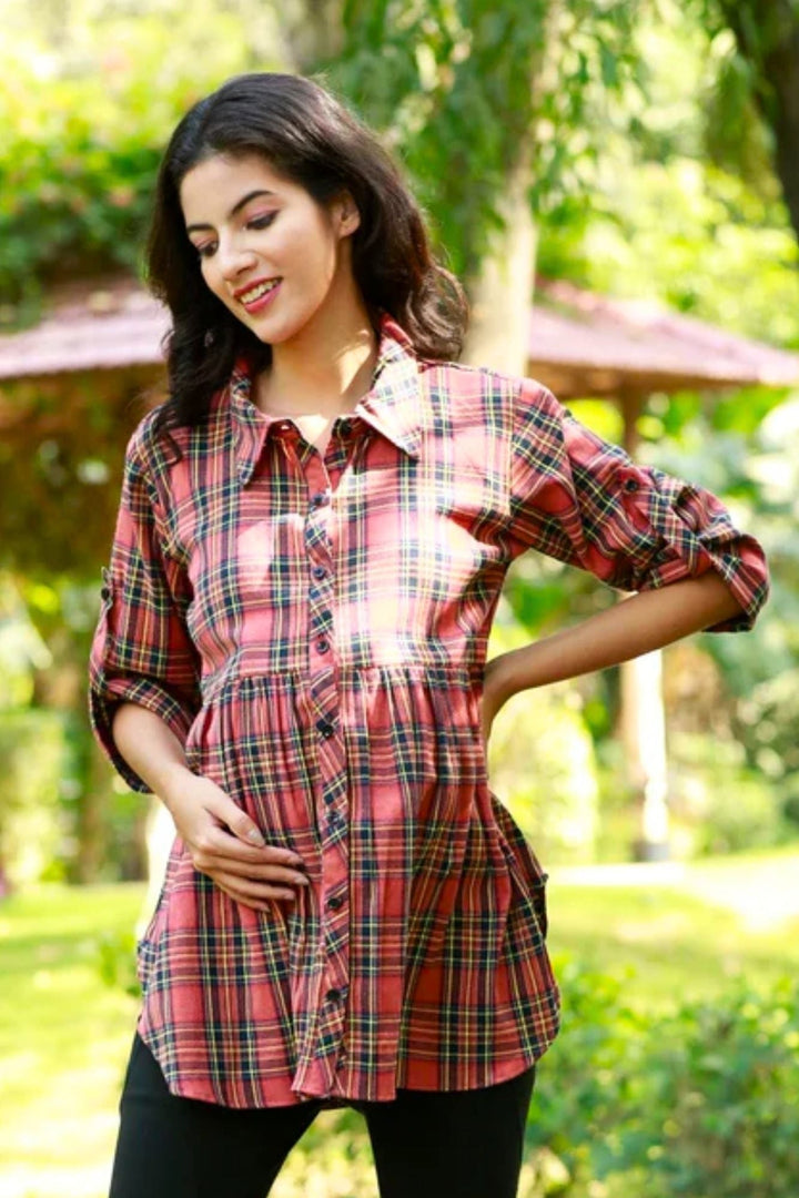 Chic Blush Red Tartan Check Maternity & Nursing Top momzjoy.com