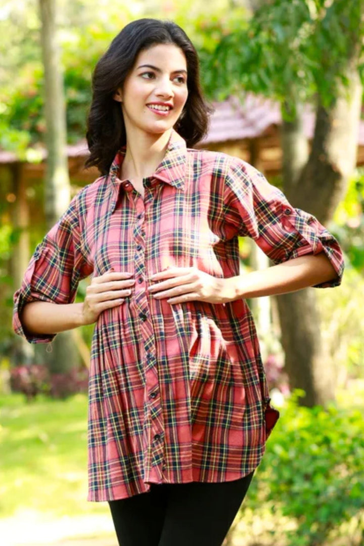 Chic Blush Red Tartan Check Maternity & Nursing Top momzjoy.com