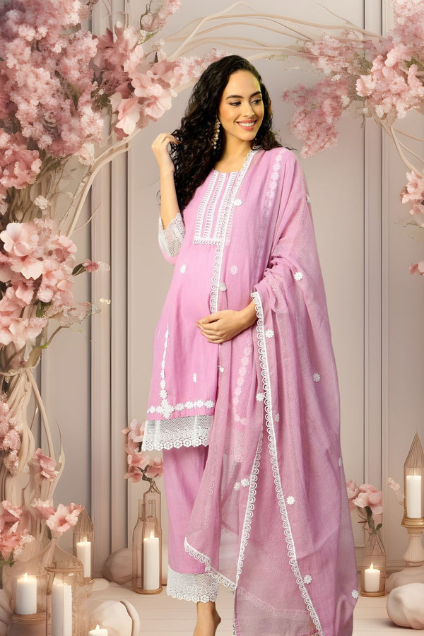 Luxe Pretty Lilac Mulmul Maternity & Nursing Kurta + Bump Band Bottom + Dupatta (3 Pc) momzjoy.com