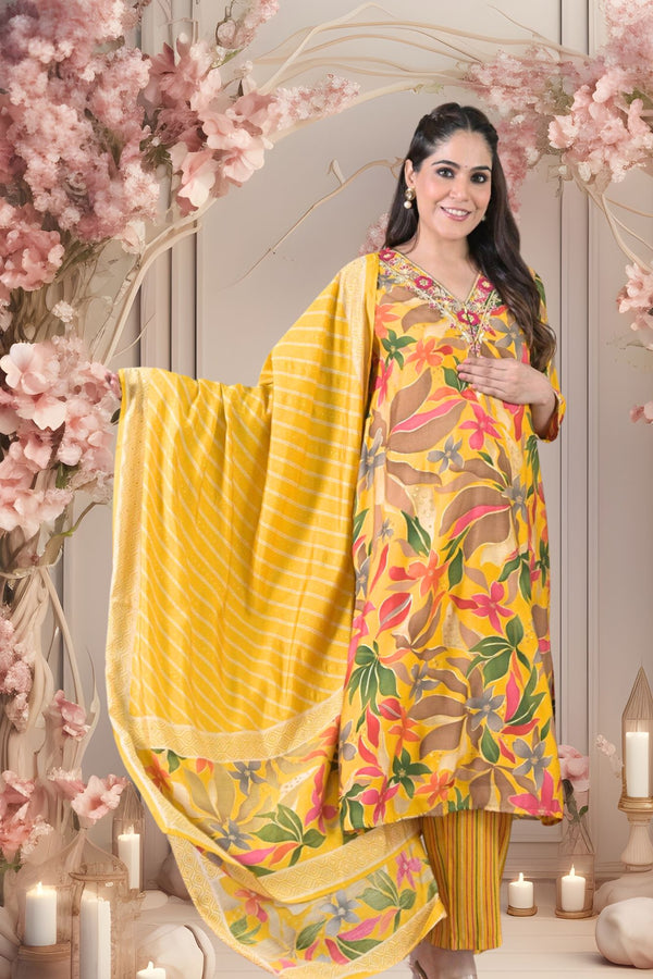 Elegant Yellow Maternity & Nursing Kurta + Bump Band Bottom + Dupatta (3 Pc) (100% Cotton) momzjoy.com