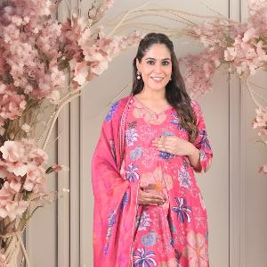 Floral Embellished Maternity & Nursing Kurta + Bump Band Bottom + Dupatta (3 Pc) (100% Cotton) (Copy) momzjoy.com