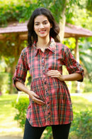Chic Blush Red Tartan Check Maternity & Nursing Top momzjoy.com