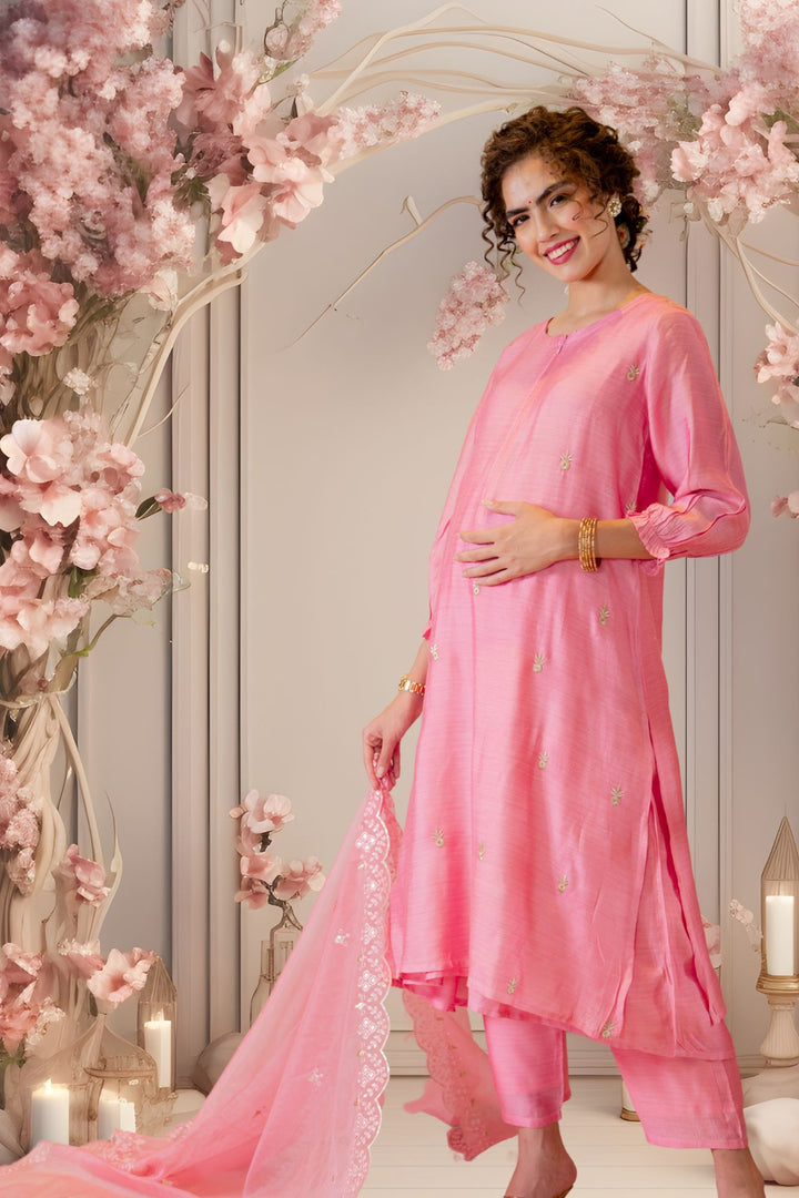 Luxe Chanderi Rose Pink Embroidered Maternity & Nursing Kurta + Bump Band Bottom + Dupatta (3 Pc) momzjoy.com