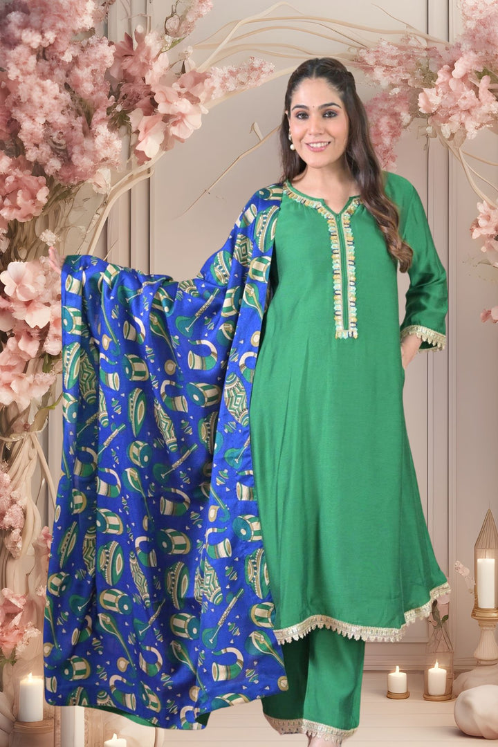 Luxe Emerald Silk Maternity & Nursing Kurta + Bump Band Bottom + Dupatta (3 Pc) momzjoy.com