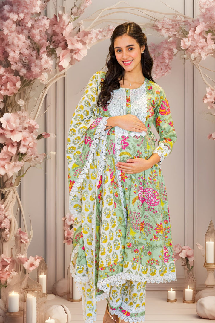 Sage Green Floral Maternity & Nursing Kurta + Bump Band Bottom + Dupatta (3 Pc) (100% Cotton) momzjoy.com