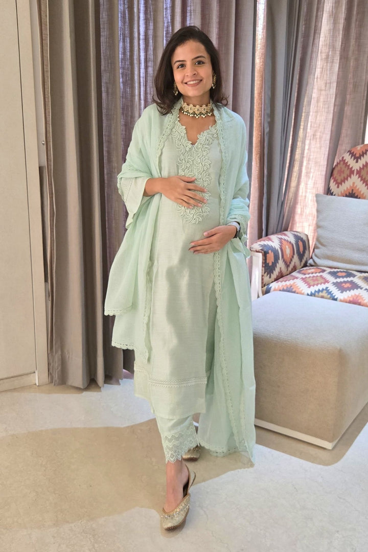 Light Green Maternity & Nursing Kurta + Bottom + Dupatta (3 Pc) momzjoy.com