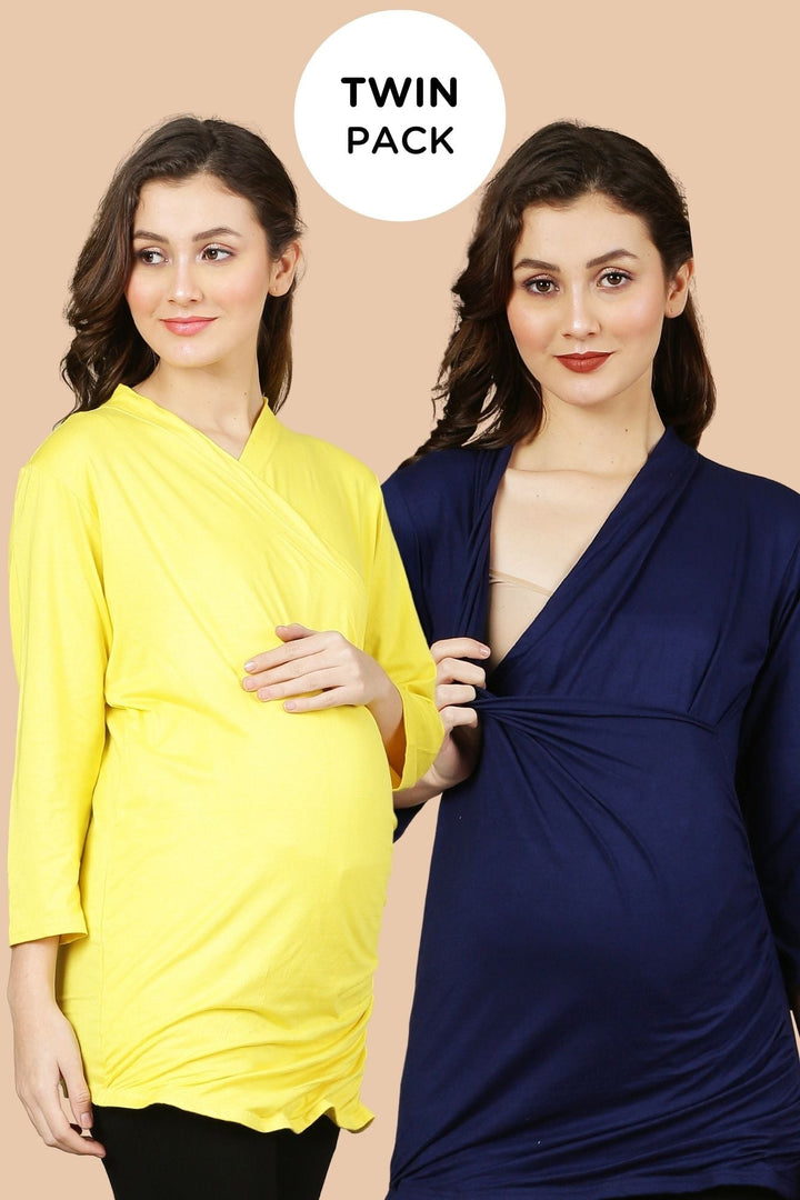 Maternity & Nursing Wrap Tops - Yellow & Blue Twin Pack MOMZJOY.COM