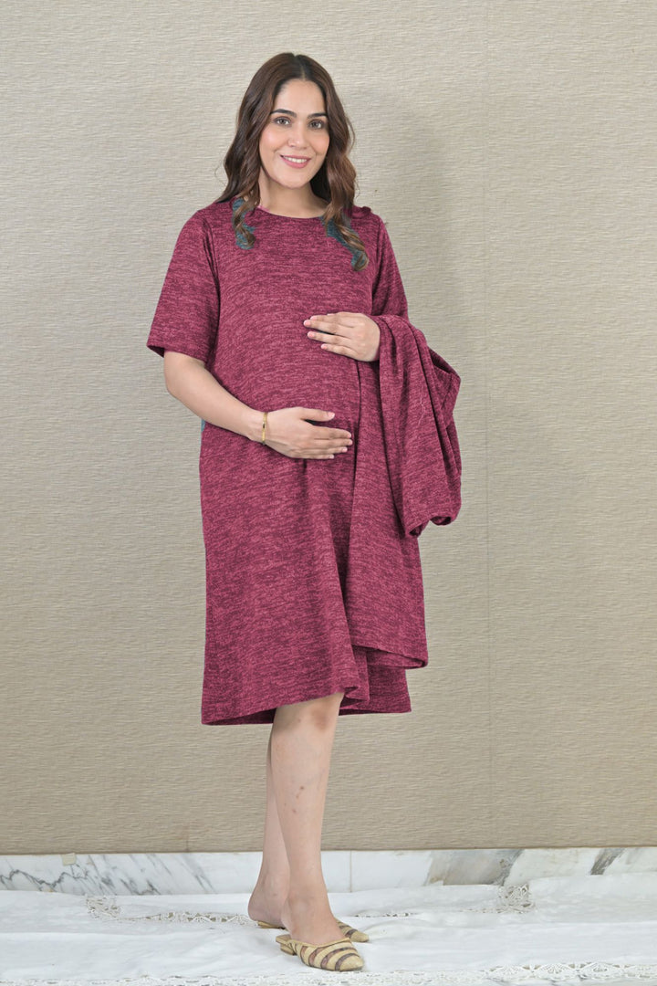 Maroon Maternity Winter Dress With Cover Up (2pc) MOMZJOY.COM