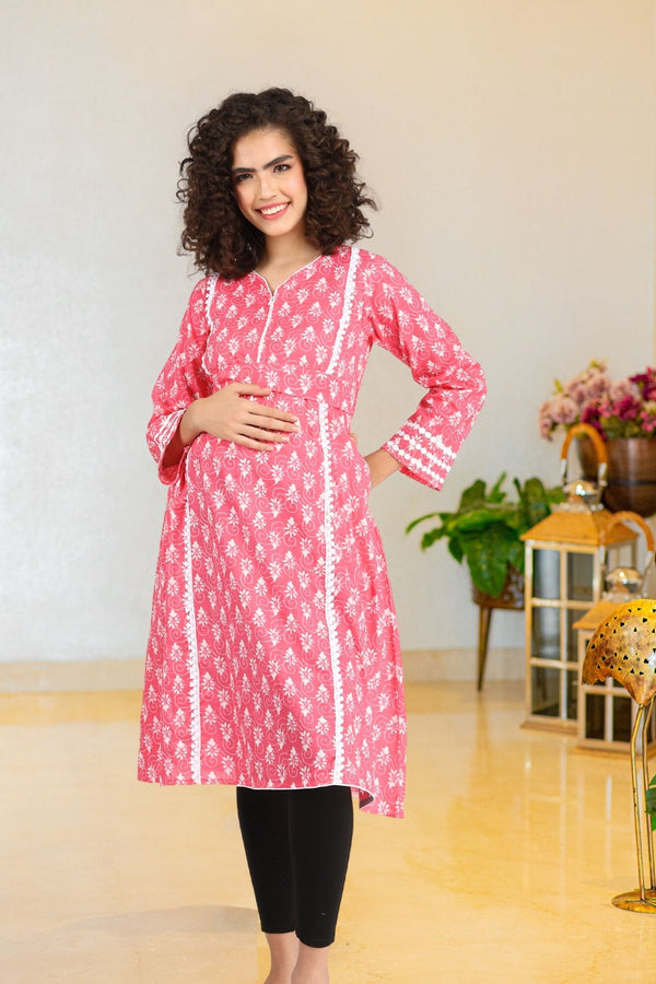 Blossom Pink Maternity & Nursing Kurta (100% Cotton) momzjoy.com