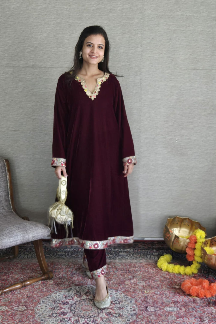 Classic Deep Berry Velvet Maternity Kurta Set (2 Pc) momzjoy.com