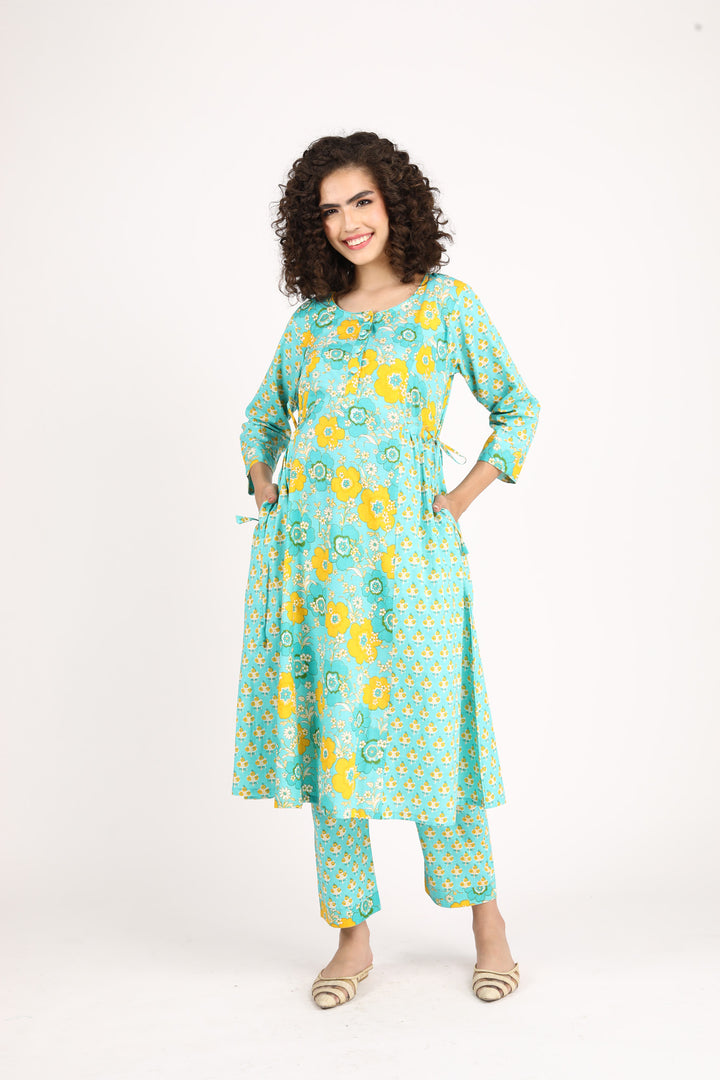 Moonflower Maternity & Nursing Kurta + Bump Band Bottom + Dupatta (3 Pc) (100% Cotton) momzjoy.com