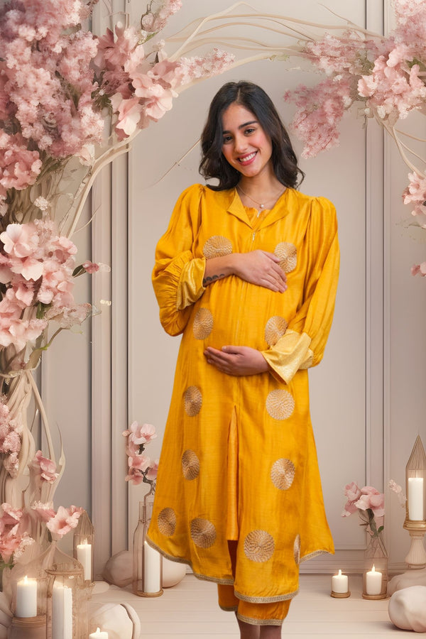 Elegant Chanderi Golden Turmeric Embroidered Maternity & Nursing Kurta + Bump Band Bottom + Cover Up (3 Pc) momzjoy.com