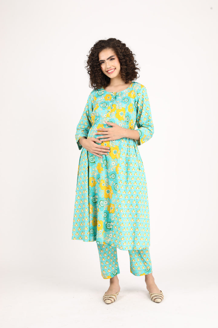 Moonflower Maternity & Nursing Kurta + Bump Band Bottom + Dupatta (3 Pc) (100% Cotton) momzjoy.com