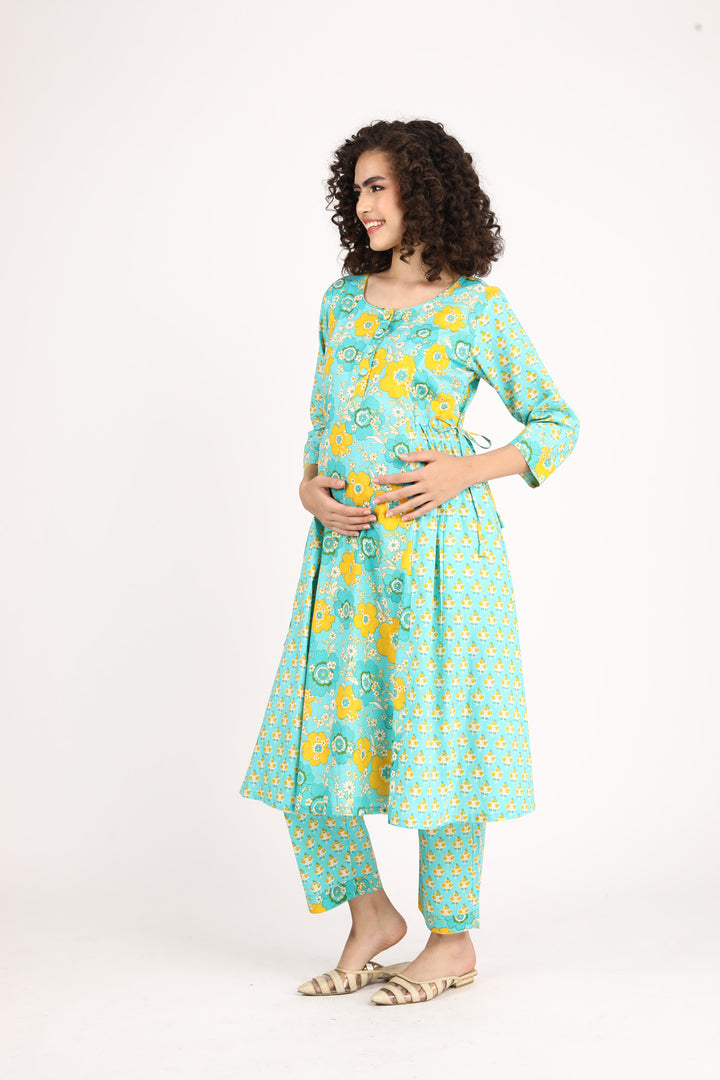 Moonflower Maternity & Nursing Kurta + Bump Band Bottom + Dupatta (3 Pc) (100% Cotton) momzjoy.com