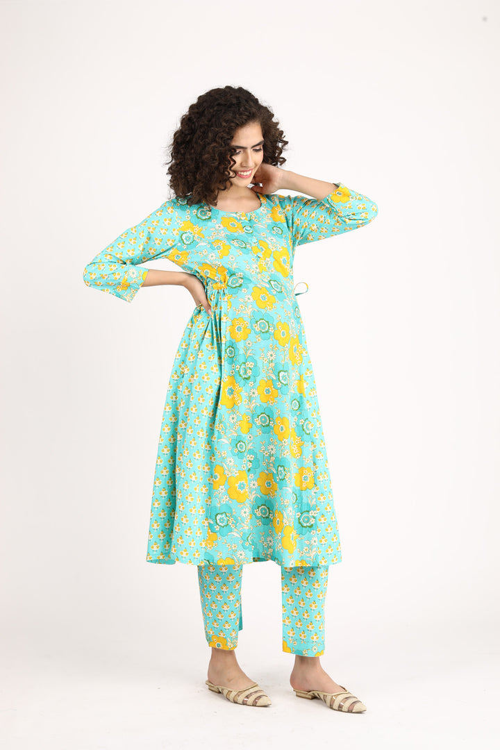 Moonflower Maternity & Nursing Kurta + Bump Band Bottom + Dupatta (3 Pc) (100% Cotton) momzjoy.com