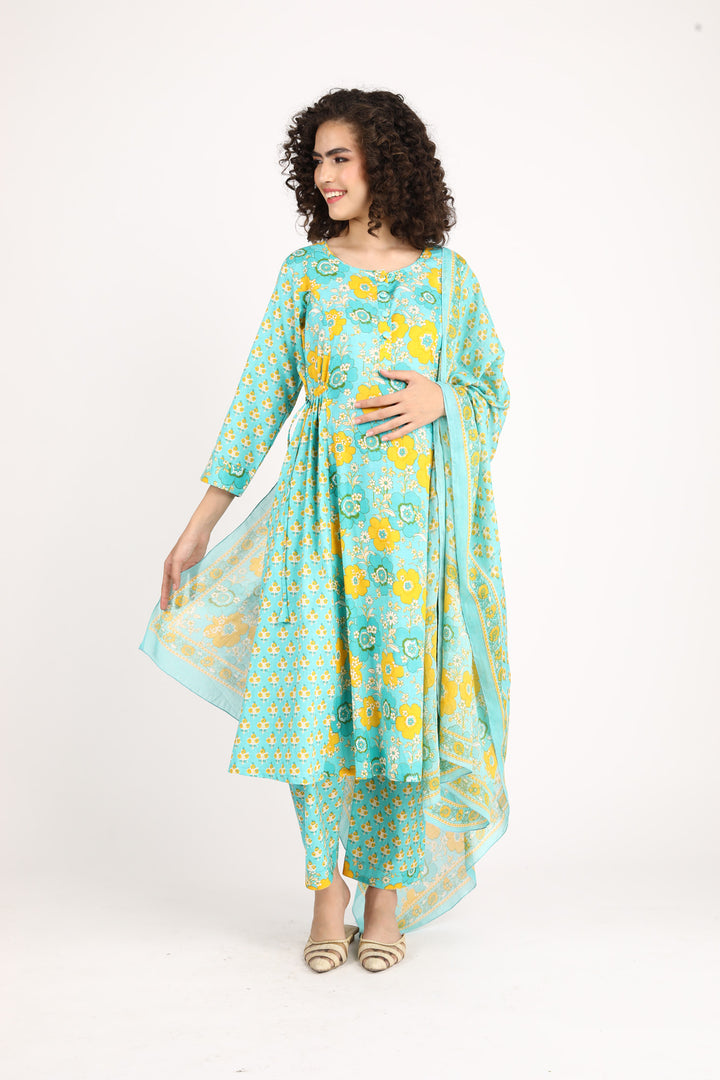 Moonflower Maternity & Nursing Kurta + Bump Band Bottom + Dupatta (3 Pc) (100% Cotton) momzjoy.com