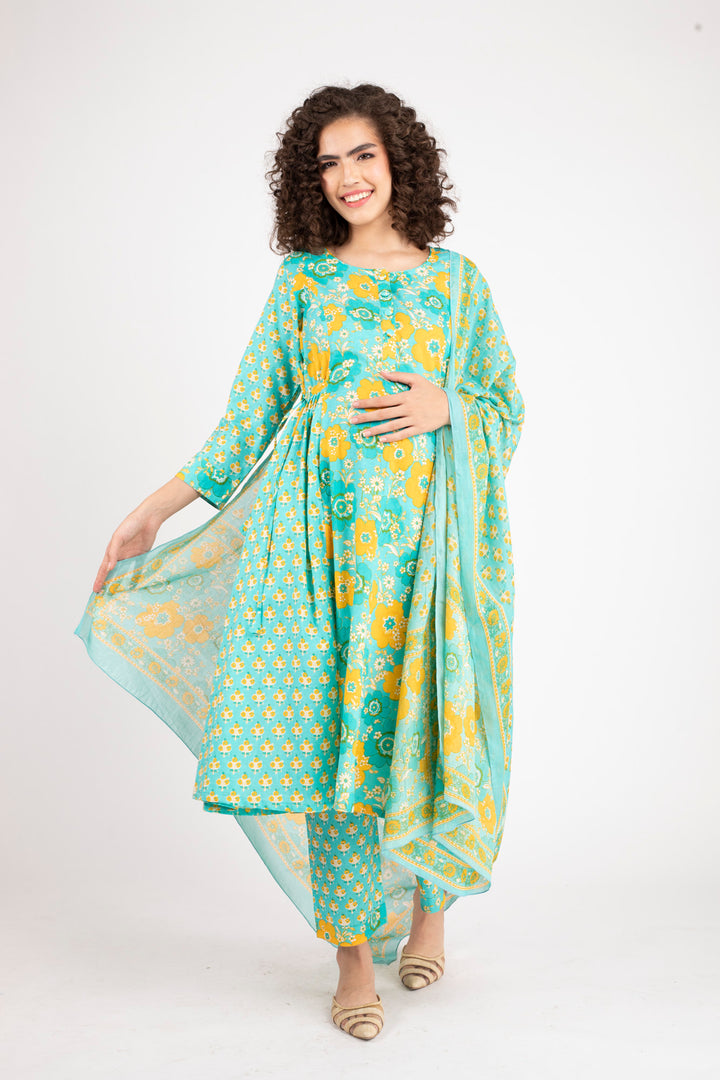 Moonflower Maternity & Nursing Kurta + Bump Band Bottom + Dupatta (3 Pc) (100% Cotton) momzjoy.com