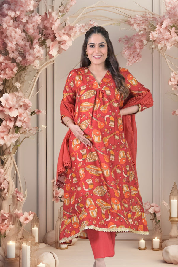 Musical Red Silk Maternity Kurta + Bump Band Bottom + Dupatta (3 Pc) momzjoy.com