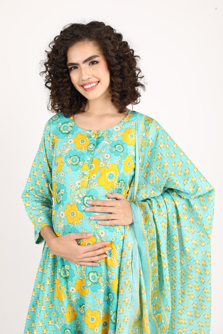 Moonflower Maternity & Nursing Kurta + Bump Band Bottom + Dupatta (3 Pc) (100% Cotton) momzjoy.com