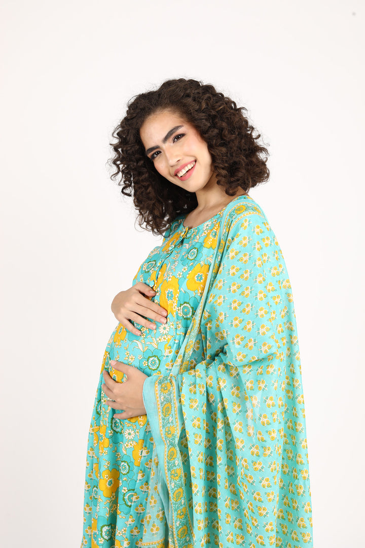 Moonflower Maternity & Nursing Kurta + Bump Band Bottom + Dupatta (3 Pc) (100% Cotton) momzjoy.com