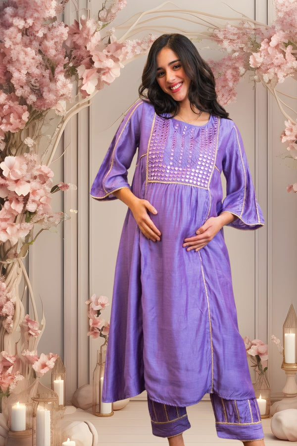 Luxe Lilac Embroidered Chanderi Maternity Kurta + Bump Band Bottom (2 Pc) momzjoy.com