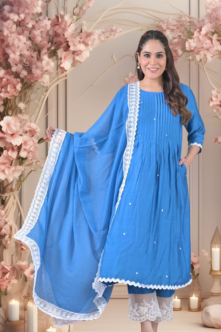 Luxe Blue Silk Maternity & Nursing Kurta + Bump Band Bottom + Dupatta (3 Pc) momzjoy.com