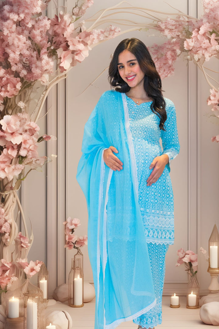 Exclusive Sea Blue Maternity & Nursing Peplum Kurta + Bump Band Bottom + Dupatta (3 Pc) (100% Cotton) momzjoy.com