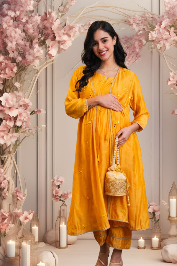 Luxe Chanderi Turmeric Embroidered Maternity & Nursing Kurta + Bump Band Bottom + Cover Up (3 Pc) momzjoy.com