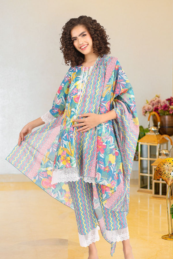 Jade Blue Maternity & Nursing Kurta + Bump Band Bottom + Dupatta (3 Pc) momzjoy.com