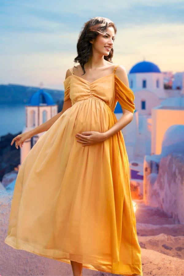 Luxe Appealing Golden Off-Shoulder Maternity Photoshoot Gown momzjoy.com