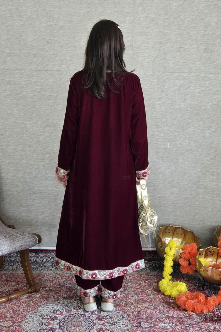 Classic Deep Berry Velvet Maternity Kurta Set (2 Pc) momzjoy.com