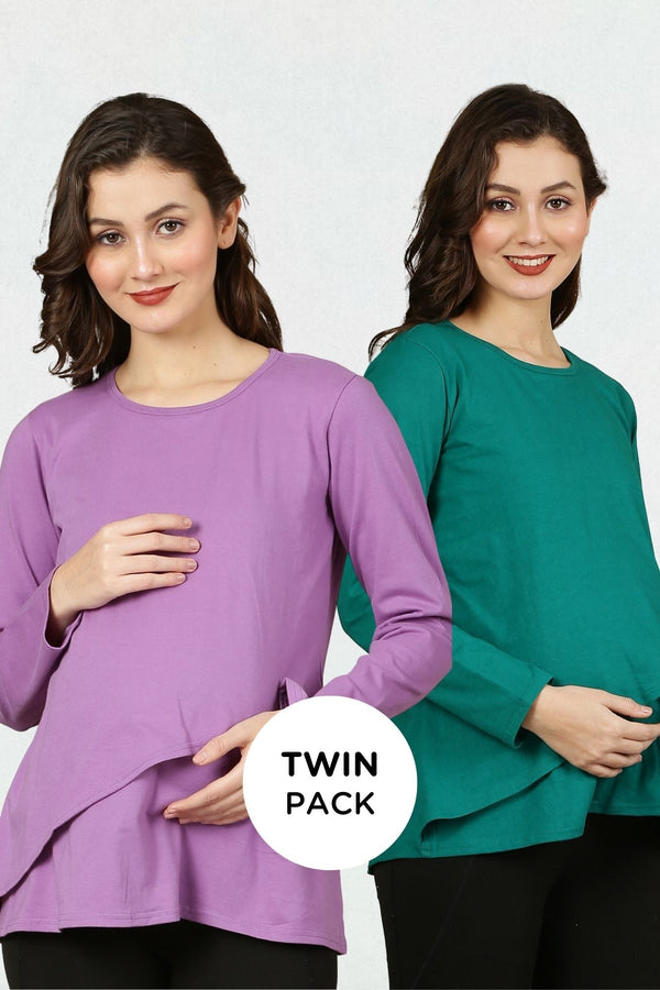 Maternity & Nursing Tops - Lilac & Teal Green Twin Pack MOMZJOY.COM