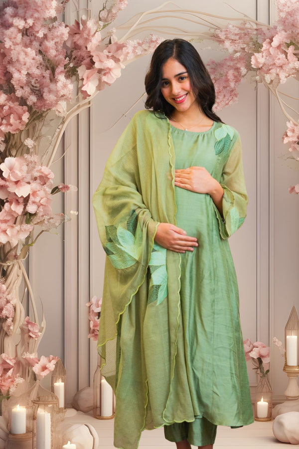 Luxe Basil Green Chanderi Maternity Kurta + Bump Band Bottom + Dupatta + Inner (4 Pc) momzjoy.com