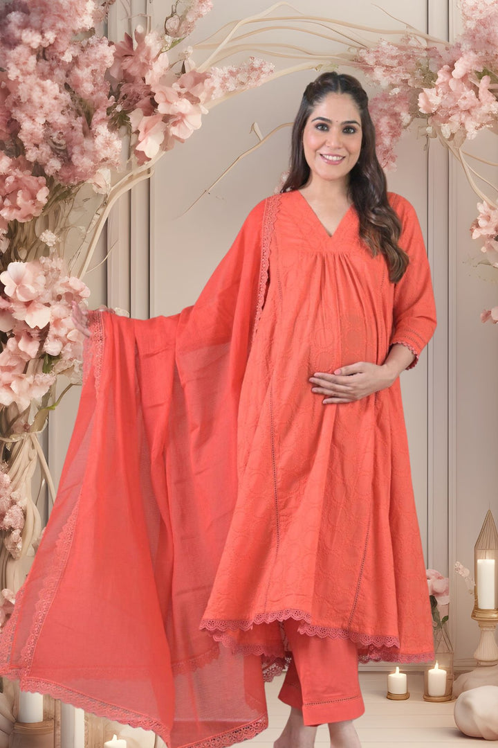 Amber Maternity Kurta + Bump Band Bottom + Dupatta (3 Pc) (100% Cotton) momzjoy.com